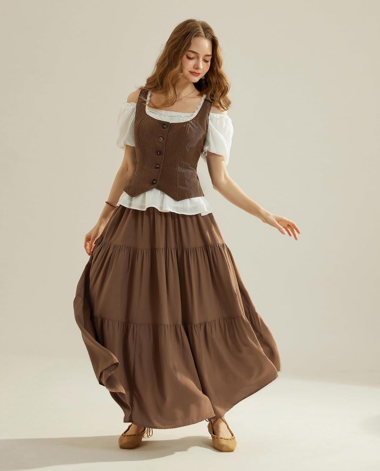 image:imageScarlet Darkness Women Renaissance Corset Vintage Button Down Corduroy Pirate Waistcoat VestCoffee