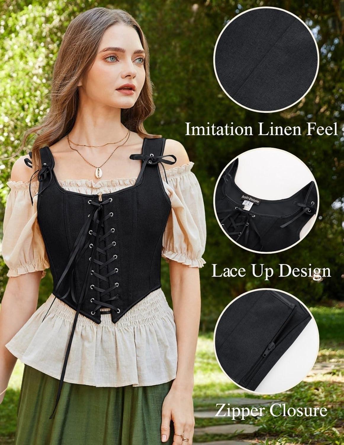 image:imageSCARLET DARKNESS Womens Renaissance Corset Tops Vintage Lace Up Overbust Bustier BodiceDeep Black