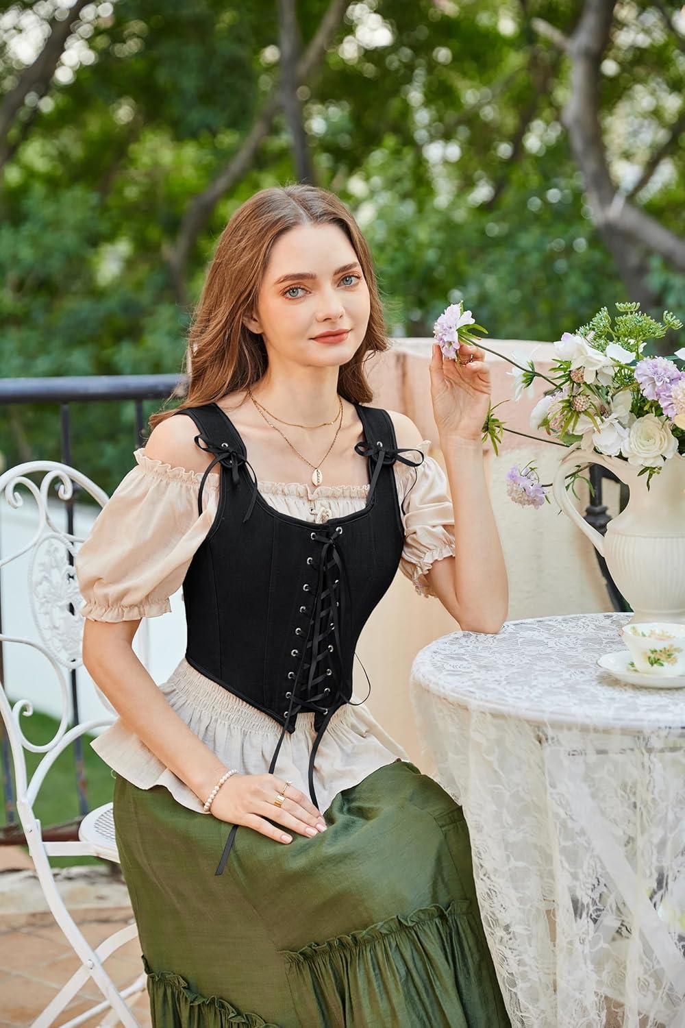 image:imageSCARLET DARKNESS Womens Renaissance Corset Tops Vintage Lace Up Overbust Bustier BodiceDeep Black