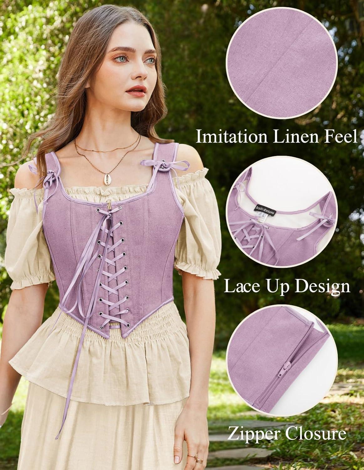 image:imageSCARLET DARKNESS Womens Renaissance Corset Tops Vintage Lace Up Overbust Bustier BodiceLight Purple