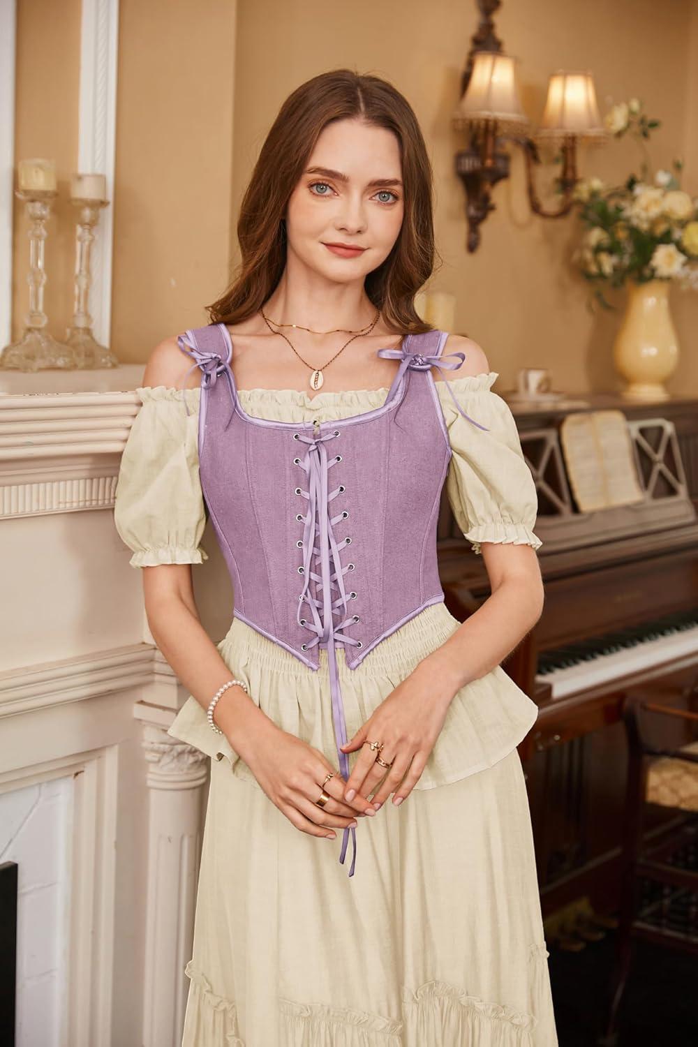image:imageSCARLET DARKNESS Womens Renaissance Corset Tops Vintage Lace Up Overbust Bustier BodiceLight Purple