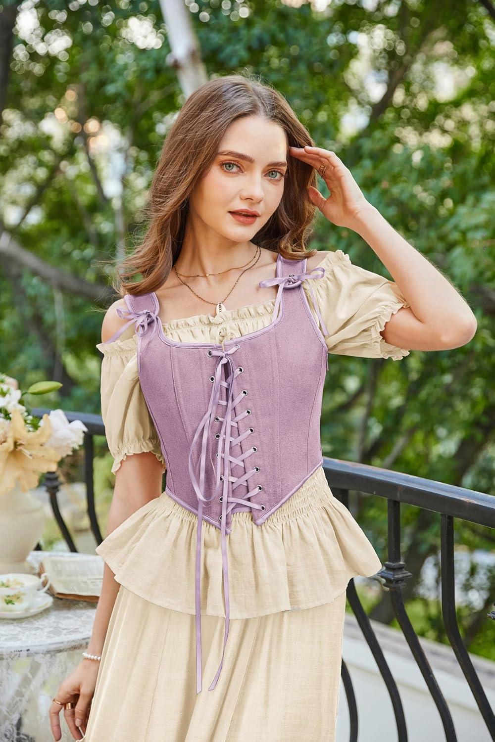 image:imageSCARLET DARKNESS Womens Renaissance Corset Tops Vintage Lace Up Overbust Bustier BodiceLight Purple