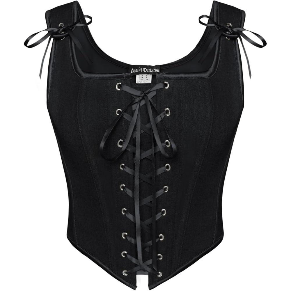 image:imageSCARLET DARKNESS Womens Renaissance Corset Tops Vintage Lace Up Overbust Bustier BodiceDeep Black