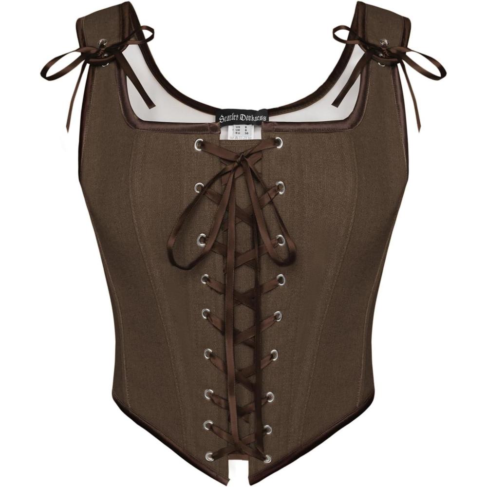 image:imageSCARLET DARKNESS Womens Renaissance Corset Tops Vintage Lace Up Overbust Bustier BodiceDeep Drown