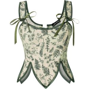 image:imageSCARLET DARKNESS Corset Tops for Women Renaissance Costume Floral Lace Up Boned Bustier with ZipGreen Leaves