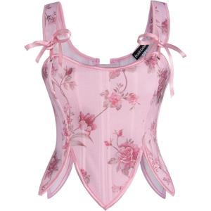 image:imageSCARLET DARKNESS Corset Tops for Women Renaissance Costume Floral Lace Up Boned Bustier with ZipPink