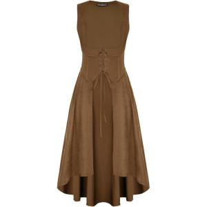 image:imageSCARLRT DARKNESS Women Renaissance Costume Underbust Pirate Peasant High Low Dress with PocketsBrown