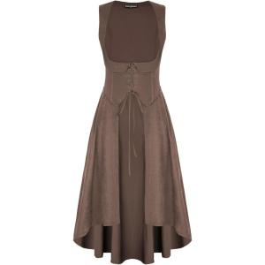 image:imageSCARLRT DARKNESS Women Renaissance Costume Underbust Pirate Peasant High Low Dress with PocketsWoodsmoke Brown
