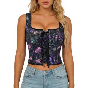 image:imageScarlet Darkness Renaissance Corset Top for Women Boned Laceup Overbust Bustier CorsetsBlack Purple Floral