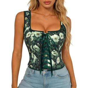 image:imageScarlet Darkness Renaissance Corset Top for Women Boned Laceup Overbust Bustier CorsetsGreen White Floral