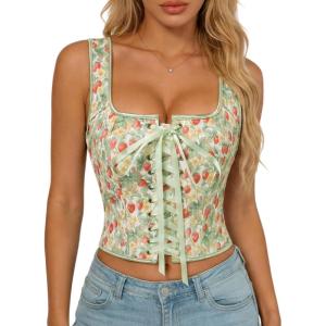 image:imageScarlet Darkness Renaissance Corset Top for Women Boned Laceup Overbust Bustier CorsetsStrawberry Floral