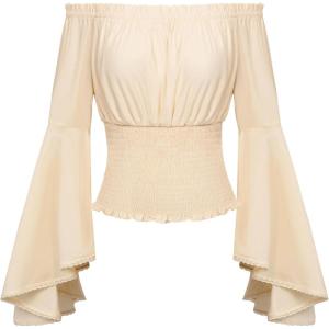 image:imageScarlet Darkness Women Bell Sleeve Smocked Top Off The Shoulder Peasant Blouse Renaissance Pirate ShirtApricot