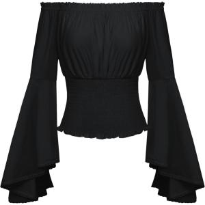image:imageScarlet Darkness Women Bell Sleeve Smocked Top Off The Shoulder Peasant Blouse Renaissance Pirate ShirtBlack