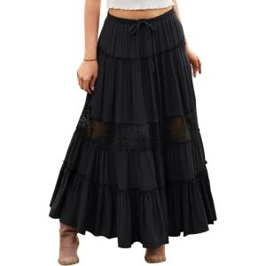 image:imageScarlet Darkness Womens Boho Maxi Skirts Flowy Lace Tiered Long Renaissance Skirt with PocketsBlack