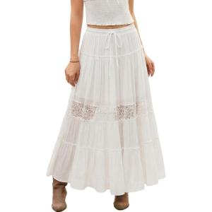 image:imageScarlet Darkness Womens Boho Maxi Skirts Flowy Lace Tiered Long Renaissance Skirt with PocketsWhite