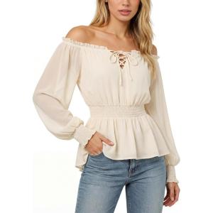 image:imageScarlet Darkness Womens Renaissance Shirt Peasant Off Shoulder Tops Smocked Waist Long Sleeve BlouseBeige