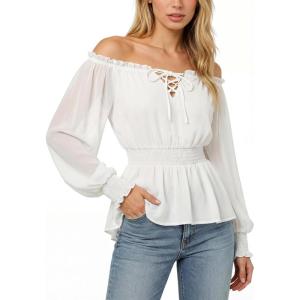 image:imageScarlet Darkness Womens Renaissance Shirt Peasant Off Shoulder Tops Smocked Waist Long Sleeve BlouseWhite