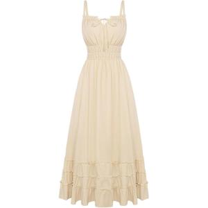 image:imageScarlet Darkness Womens Summer Maxi Dress 2026 Boho Sleeveless Ruffle Flowy Milkmaid Sundress with PocketsBeige