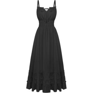 image:imageScarlet Darkness Womens Summer Maxi Dress 2026 Boho Sleeveless Ruffle Flowy Milkmaid Sundress with PocketsBlack