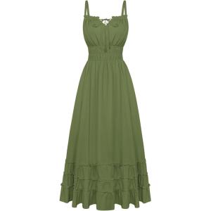 image:imageScarlet Darkness Womens Summer Maxi Dress 2026 Boho Sleeveless Ruffle Flowy Milkmaid Sundress with PocketsOlive Green