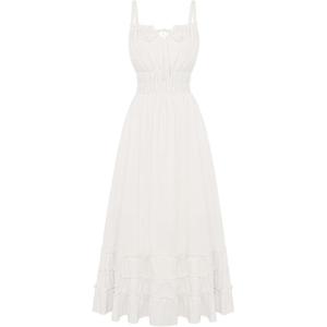 image:imageScarlet Darkness Womens Summer Maxi Dress 2026 Boho Sleeveless Ruffle Flowy Milkmaid Sundress with PocketsWhite