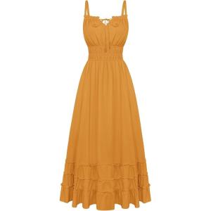 image:imageScarlet Darkness Womens Summer Maxi Dress 2026 Boho Sleeveless Ruffle Flowy Milkmaid Sundress with PocketsYellow