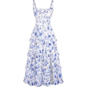 image:imageScarlet Darkness Womens Floral Corset Dress 2026 Summer Spring Wedding Guest Dresses Flowy Sundress with PocketsBlue and White Floral