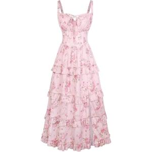 image:imageScarlet Darkness Womens Floral Corset Dress 2026 Summer Spring Wedding Guest Dresses Flowy Sundress with PocketsPink Floral