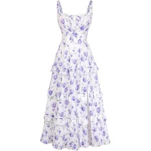 image:imageScarlet Darkness Womens Floral Corset Dress 2026 Summer Spring Wedding Guest Dresses Flowy Sundress with PocketsPurple and White Floral