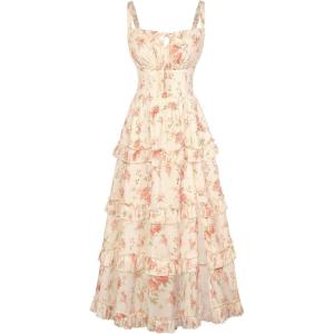 image:imageScarlet Darkness Womens Floral Corset Dress 2026 Summer Spring Wedding Guest Dresses Flowy Sundress with PocketsSunset Coral Floral