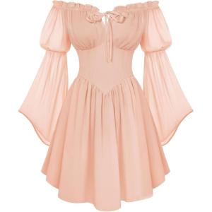 image:imageScarlet Darkness Womens Renaissance Fairy Dress 2026 Summer Boho Off The Shoulder Flowy Corset Mini DressesCoral Pink