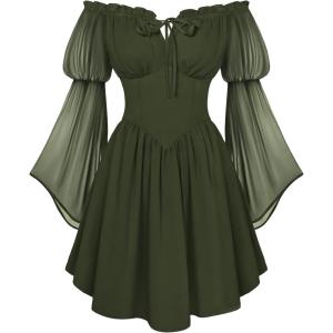 image:imageScarlet Darkness Womens Renaissance Fairy Dress 2026 Summer Boho Off The Shoulder Flowy Corset Mini DressesDark Olive Green