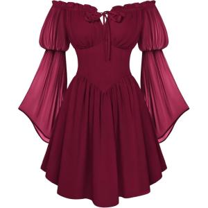 image:imageScarlet Darkness Womens Renaissance Fairy Dress 2026 Summer Boho Off The Shoulder Flowy Corset Mini DressesWine