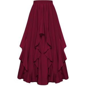 image:imageSCARLET DARKNESS Long Skirts for Women 2026 Ruffled Chiffon Flowy Renaissance Maxi SkirtWine