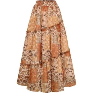 image:imageSCARLET DARKNESS Womens Boho Maxi Skirt High Waisted Chiffon Flowy Long Renaissance SkirtsOrange Patchwork Floral