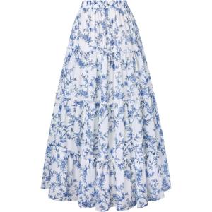 image:imageScarlet Darkness Floral Maxi Long Skirts for Women Summer 2026 Tiered Skirt Flowy Boho Fairy Skirt with PocketsBlue White Floral