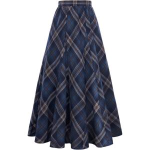 image:imageScarlet Darkness Long Plaid Skirts for Women High Waist A Line Pleated Fall Maxi SkirtsNavy Plaid