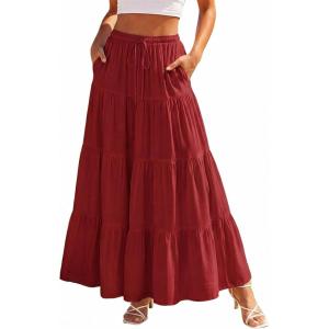 image:imageScarlet Darkness Long Skirts for Women Flowy Boho Tiered Renaissance Maxi Skirt with PocketsWine