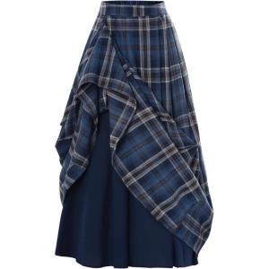 image:imageScarlet Darkness Plaid Skirts for Women High Waist Long Skirt with PocketsBlue Coffee Plaid