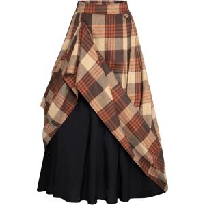 image:imageScarlet Darkness Plaid Skirts for Women High Waist Long Skirt with PocketsOrange Coffee