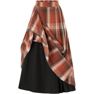 image:imageScarlet Darkness Plaid Skirts for Women High Waist Long Skirt with PocketsOrange Coffee Plaid