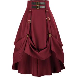 image:imageScarlet Darkness Renaissance Midi Skirts for Women Steampunk High Waisted Skirt with PocketsBurgundy
