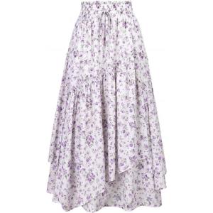 image:imageScarlet Darkness Women Floral Print Boho Skirt Elastic High Waist Long Maxi Skirts with PocketsWhite Purple Floral
