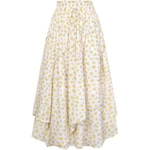 image:imageScarlet Darkness Women Floral Print Boho Skirt Elastic High Waist Long Maxi Skirts with PocketsWhite Yellow Floral
