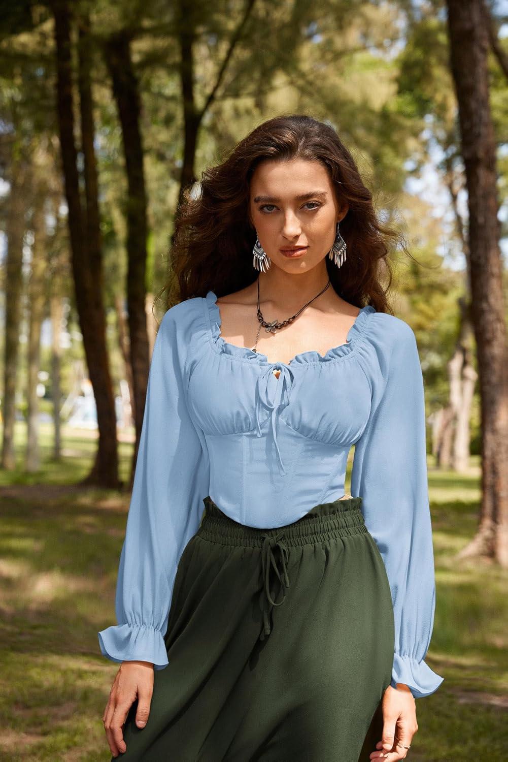 image:imageScarlet Darkness Vintage Corset Tops for Women Renaissance Blouse Off Shoulder Long Sleeve TopBlue