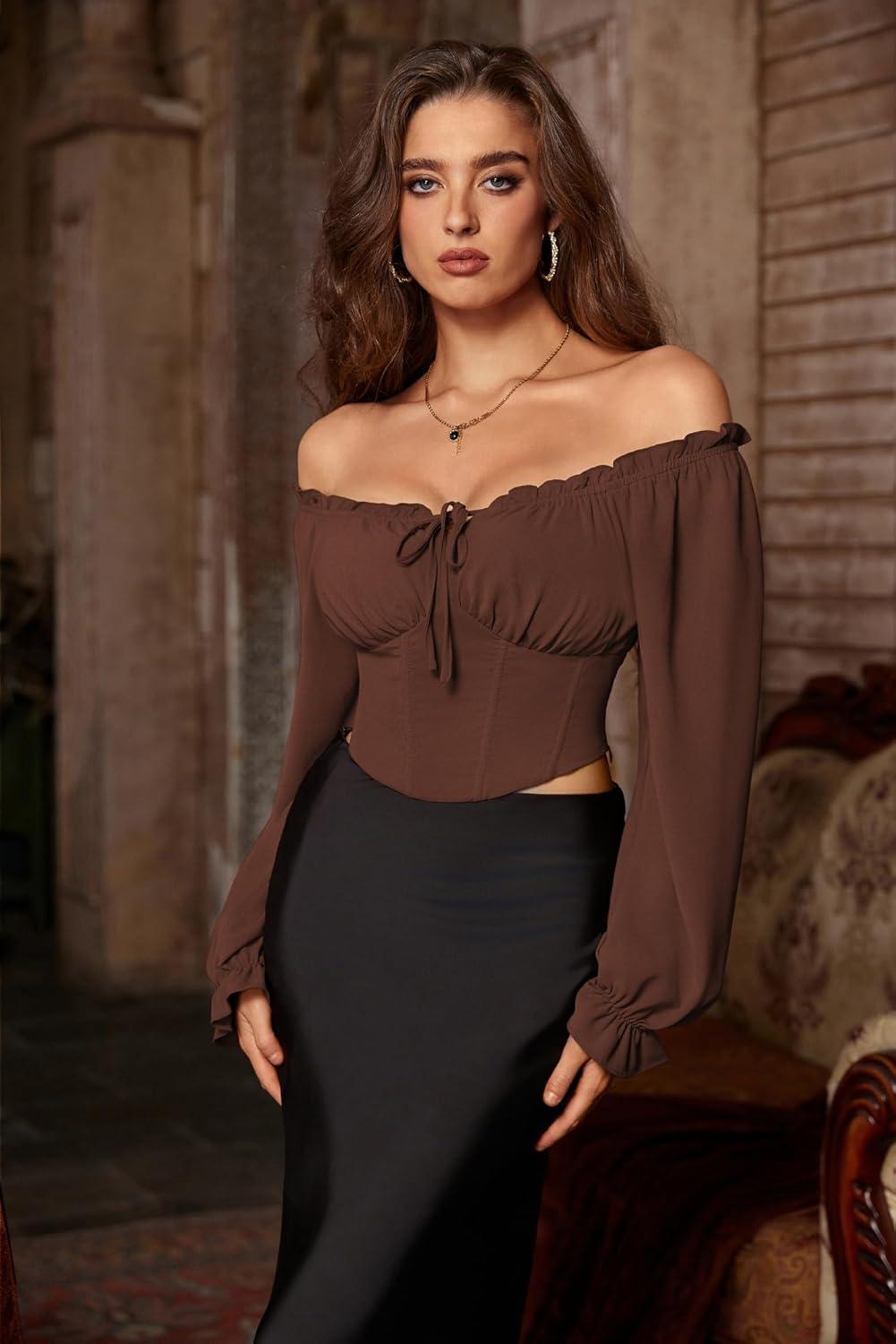 image:imageScarlet Darkness Vintage Corset Tops for Women Renaissance Blouse Off Shoulder Long Sleeve TopBrown