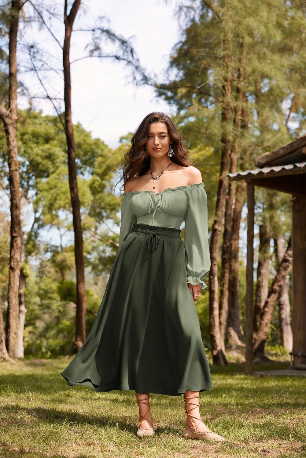 image:imageScarlet Darkness Vintage Corset Tops for Women Renaissance Blouse Off Shoulder Long Sleeve TopGreen