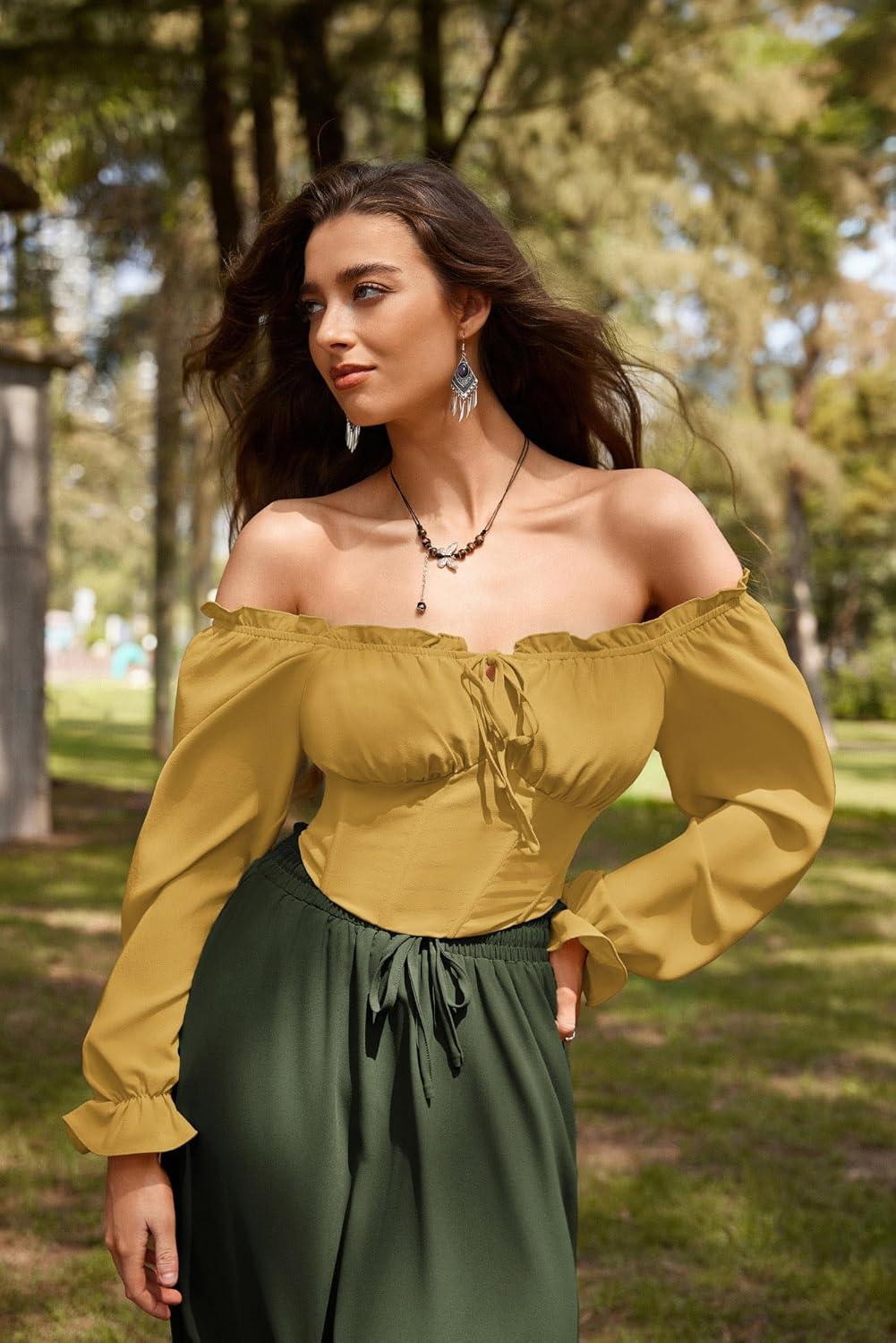 image:imageScarlet Darkness Vintage Corset Tops for Women Renaissance Blouse Off Shoulder Long Sleeve TopYellow