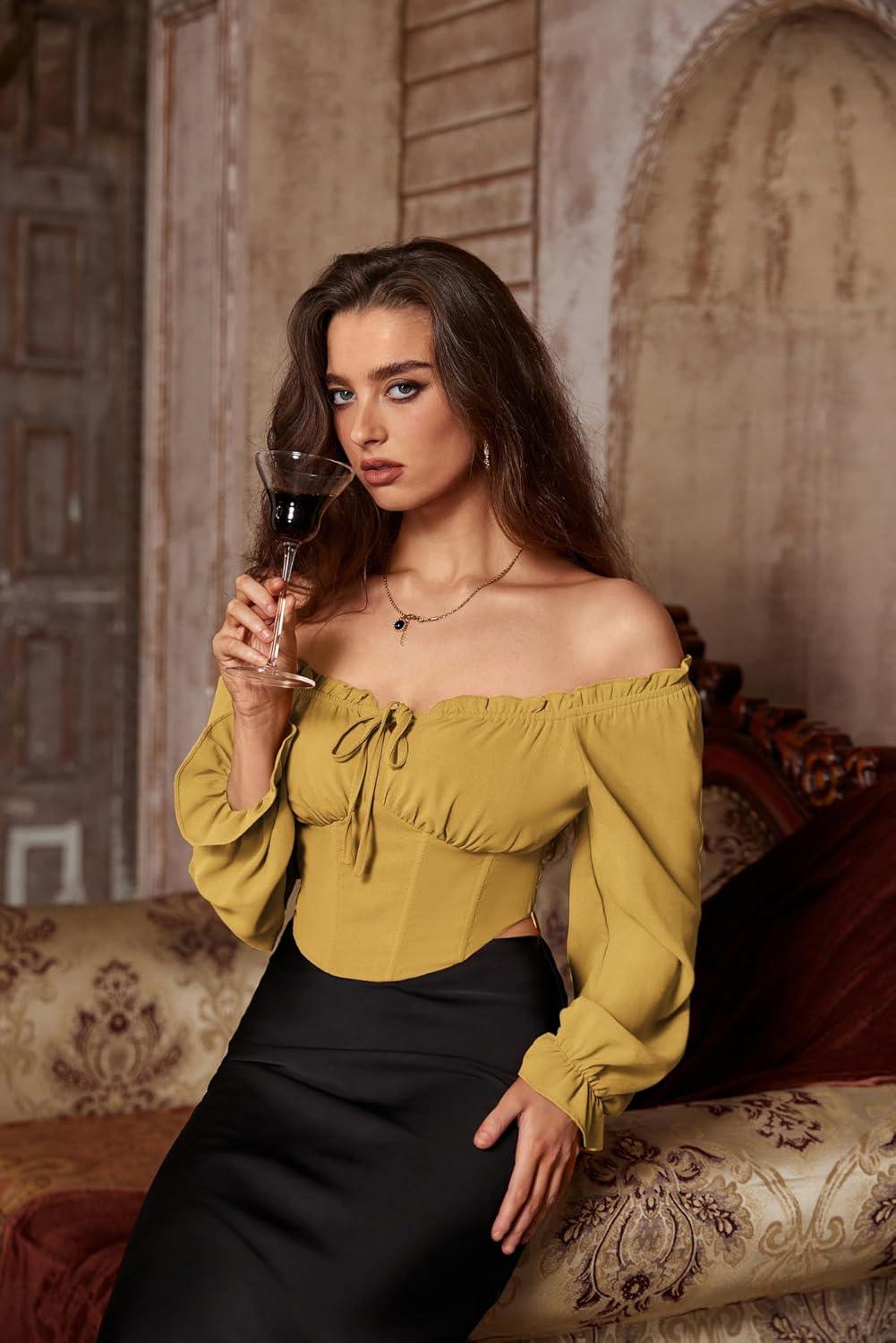 image:imageScarlet Darkness Vintage Corset Tops for Women Renaissance Blouse Off Shoulder Long Sleeve TopYellow