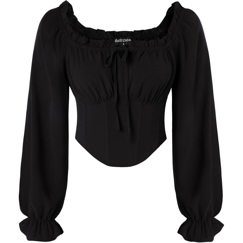 image:imageScarlet Darkness Vintage Corset Tops for Women Renaissance Blouse Off Shoulder Long Sleeve TopBlack